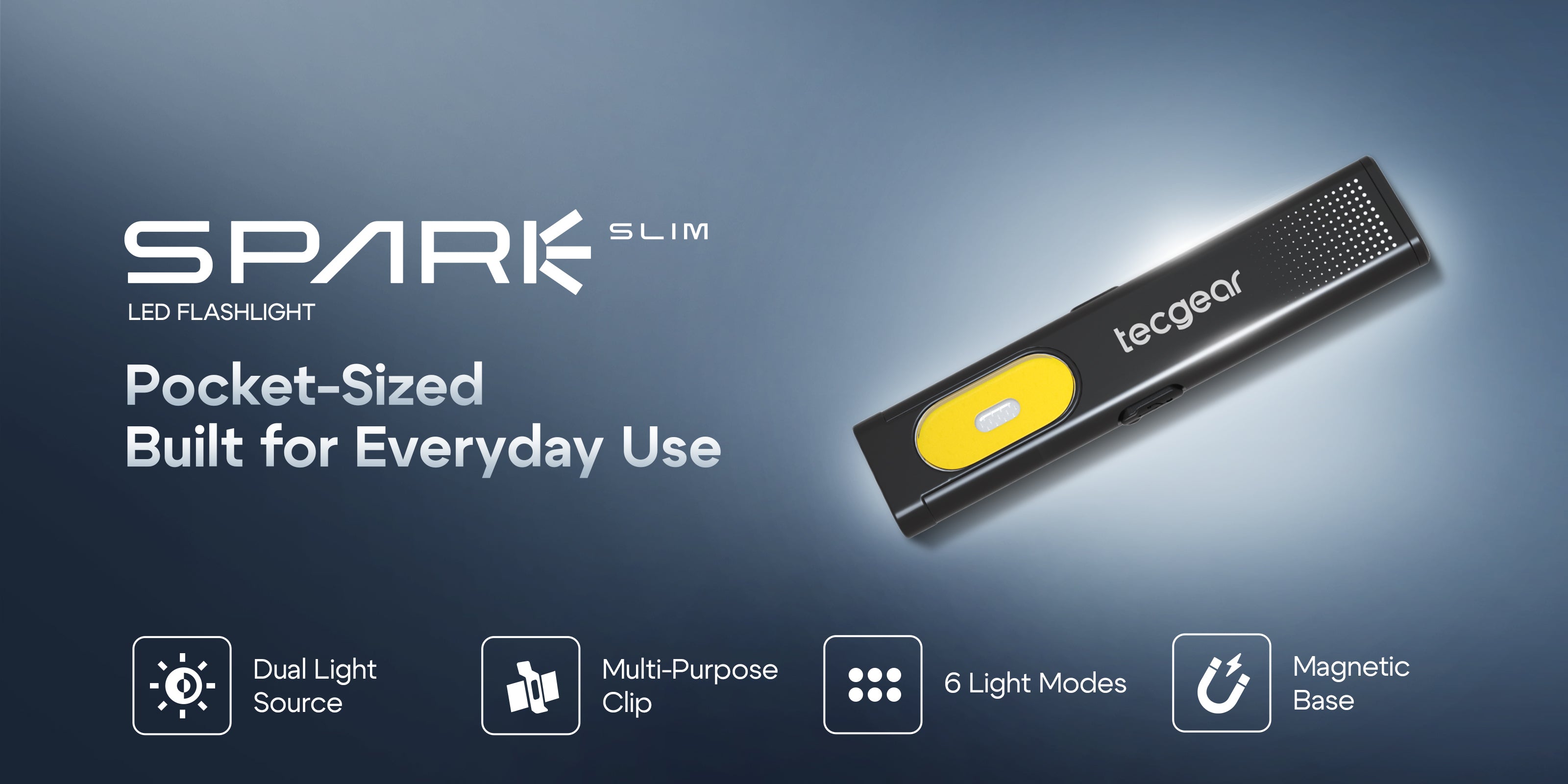 Tecgear Spark Slim LED flashlight with features listed on a blue gradient background